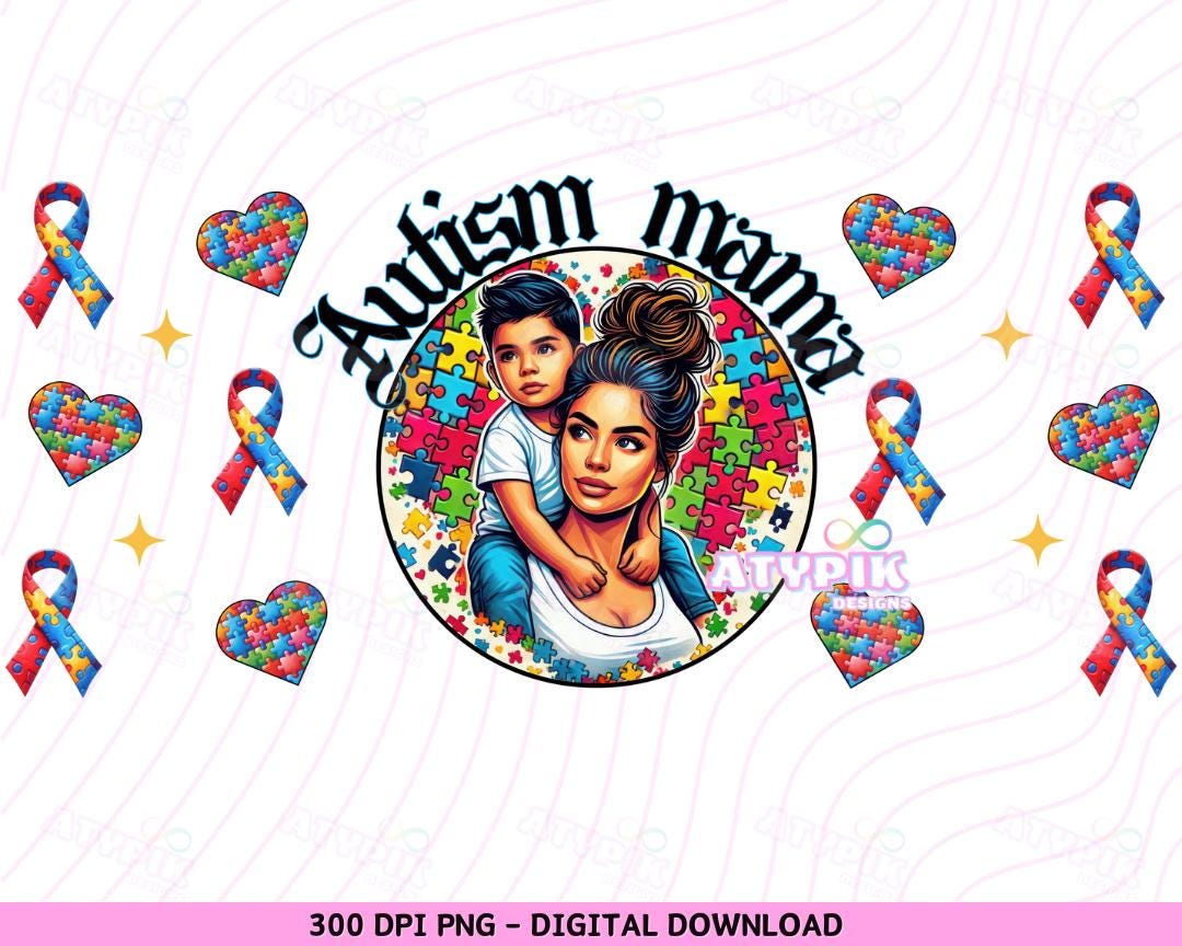 Autism Mama PNG Boy Autism Mom Digital Download Files 16oz Glass Can ...