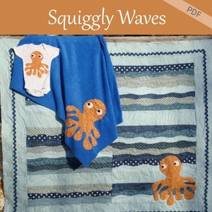 May include: A PDF pattern for a baby quilt with a blue and white striped background and orange octopus appliques. The quilt is called "Squiggly Waves" and is designed by Patchwork Posse.