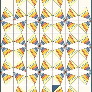 Può includere: Motivo geometrico con forme a stella ripetute composte da triangoli. Ogni triangolo è riempito con strisce orizzontali gialle, arancioni, blu e crema, su uno sfondo a griglia. Il design ha un'estetica retrò.