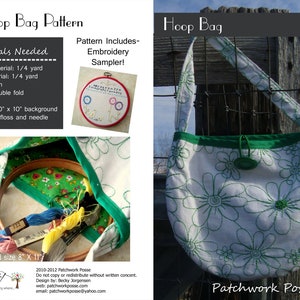 May include: A white fabric hoop bag with green embroidered floral designs and a green strap. The bag has a green trim and a green button closure. The image also shows a pattern with materials needed and an embroidery sampler.