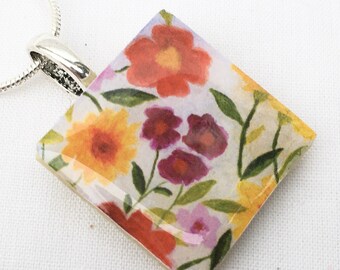 Unusual floral spray colourful bohemian Print Crafted Ceramic  Necklace