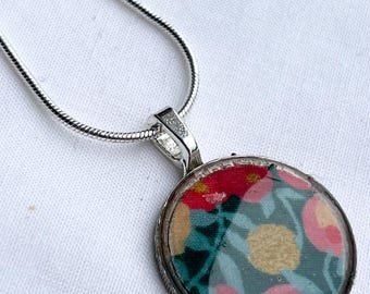 Teal Christmas Upcycled Coin Pendant with Liberty of London Fabric Offcut 18” Silver Plaited