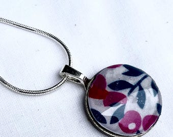 Cream Christmas Upcycled Coin Pendant with Liberty of London Fabric Offcut 18” Silver Plaited