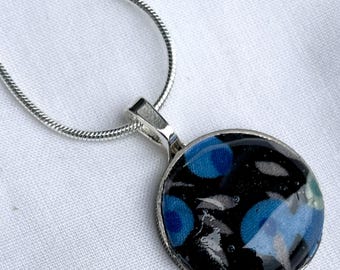 Navy Christmas Upcycled Coin Pendant with Liberty of London Fabric Offcut 18” Silver Plaited