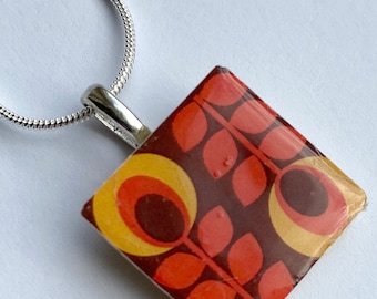 Unique Retro inspired Flower Pattern Scandinavian maroon Orange retro Print Crafted Ceramic Resin 18" Necklace Pendant Gift