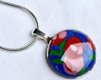 Blue Christmas Upcycled Coin Pendant with Liberty of London Fabric Offcut 18” Silver Plaited