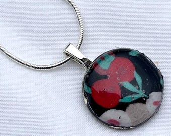 Navy Christmas Upcycled Coin Pendant with Liberty of London Fabric Offcut 18” Silver Plaited