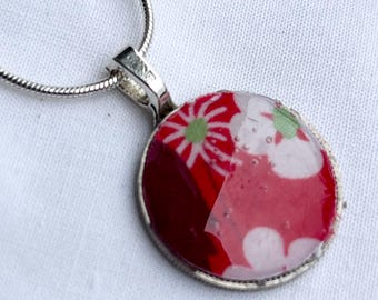 Red Christmas Upcycled Coin Pendant with Liberty of London Fabric Offcut 18” Silver Plaited