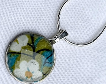 Green Christmas Upcycled Coin Pendant with Liberty of London Fabric Offcut 18” Silver Plaited