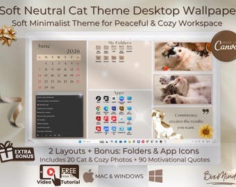 Gemütliche Katze Desktop Wallpaper 2026 | Minimalistischer Monatskalender Canva Template + Bonus App Icons & Ordner