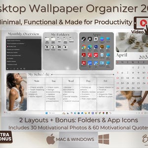 Organizador de fondos de pantalla para escritorio: minimalista, funcional y productivo. Incluye carpetas, iconos de aplicaciones, fotos y citas motivacionales. Compatible con Mac y Windows.