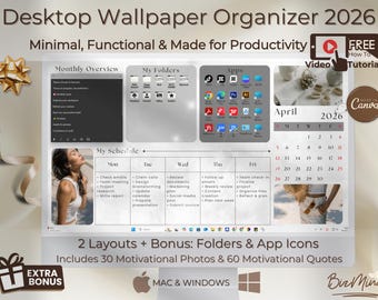 Desktop Wallpaper Organizer - Minimalist, Functional, Productivity - Folders, App Icons, Motivational Photos and Quotes - Mac & Windows