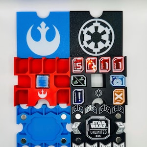 以下が含まれることがあります： スター・ウォーズ：アンリミテッドゲームオーガナイザー。赤、黒、青のカラーリング。サイコロ、トークン、カード用のコンパートメントがあります。オーガナイザーには、反乱軍と銀河帝国のロゴが描かれています。