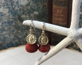 Our Lady of Guadalupe Earrings with vintage coral and 14k gold-filled components
