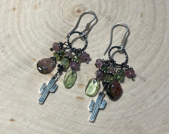 Cactus Earrings with tourmaline and sterling silver