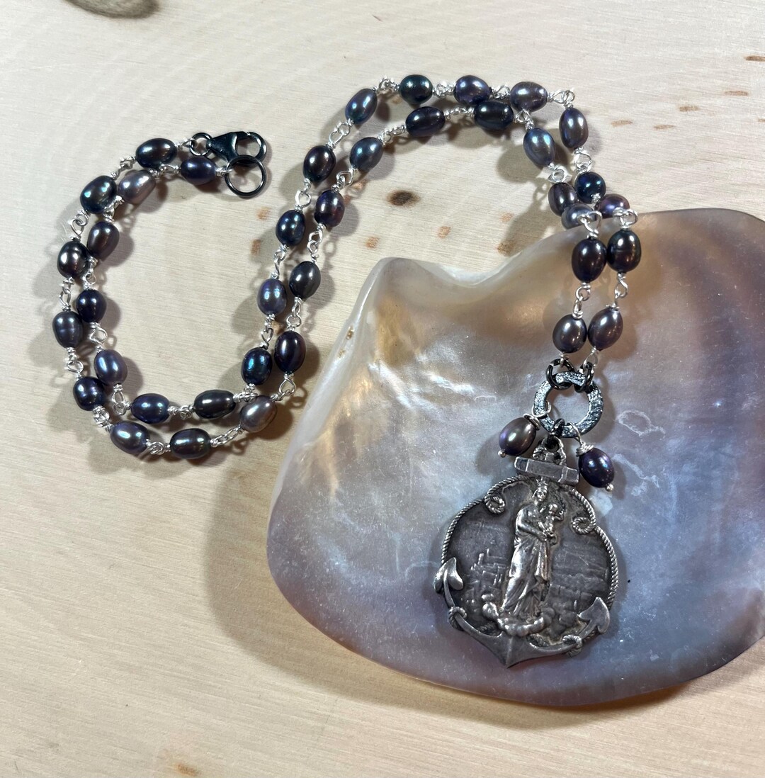 Vintage Notre Dame De La Garde Medal Necklace With Freshwater Pearls ...