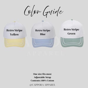Puede incluir: Una gu&iacute;a de colores para gorras de b&eacute;isbol. Se muestran tres gorras, cada una con una corona blanca y una visera de color. Los colores de la visera son amarillo, azul y verde. Cada gorra tiene el texto "Retro Stripe" encima del color de la visera.
