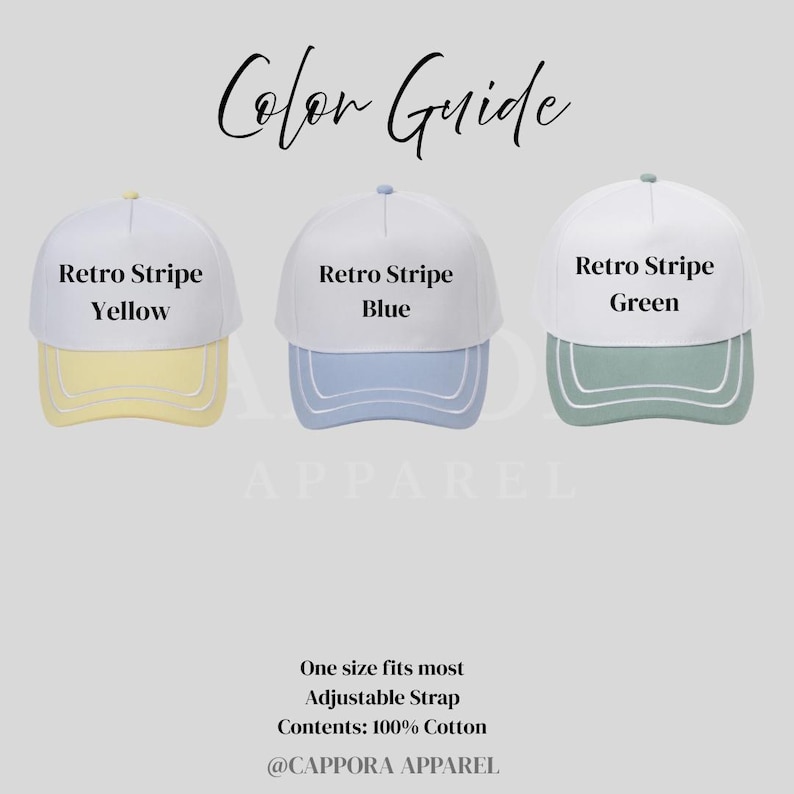 Puede incluir: Una gu&iacute;a de colores para gorras de b&eacute;isbol. Se muestran tres gorras, cada una con una corona blanca y una visera de color. Los colores de la visera son amarillo, azul y verde. Cada gorra tiene el texto "Retro Stripe" encima del color de la visera.