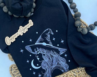 Embroidered Witch Crewneck Sweatshirt, Halloween Witch Sweater, Spooky Season Sweatshirt, Fall Embroidered Crewneck, Witchy Halloween Gift