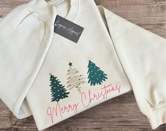 Merry Christmas Sweatshirt – Embroidered Gildan Crewneck with Three Christmas Trees, Cozy Holiday Winter Sweater