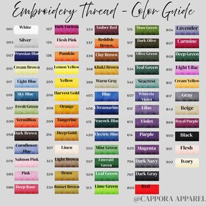 Puede incluir: Gu&iacute;a de colores para hilo de bordar, con una amplia gama de tonos. La gu&iacute;a muestra muestras de color con nombres y n&uacute;meros, incluyendo tonos de azul, verde, rosa y marr&oacute;n. El texto "Embroidery Thread - Color Guide" est&aacute; en la parte superior.