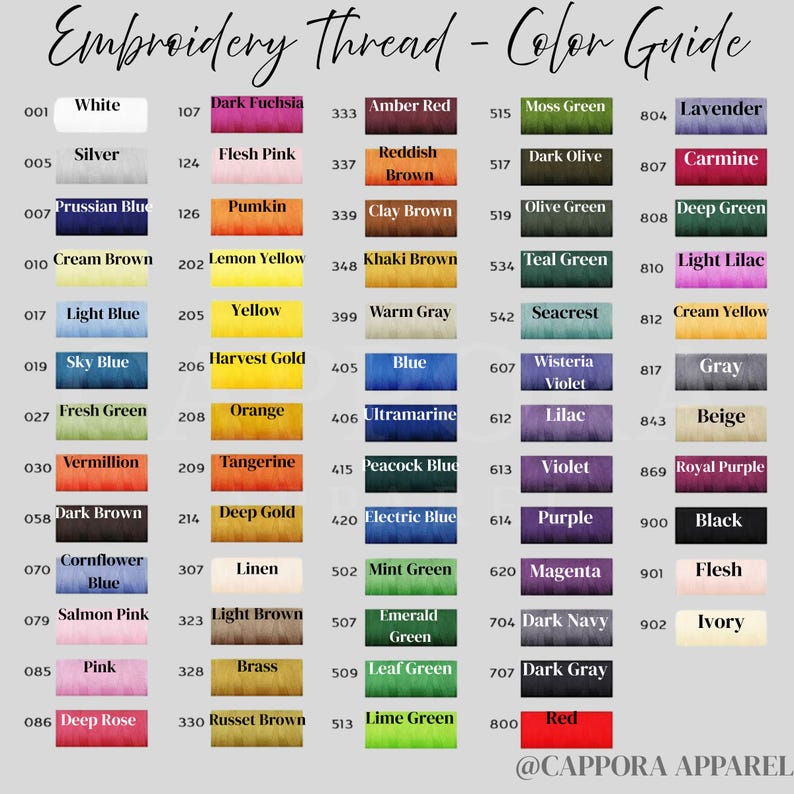 Puede incluir: Gu&iacute;a de colores para hilo de bordar, con una amplia gama de tonos. La gu&iacute;a muestra muestras de color con nombres y n&uacute;meros, incluyendo tonos de azul, verde, rosa y marr&oacute;n. El texto "Embroidery Thread - Color Guide" est&aacute; en la parte superior.