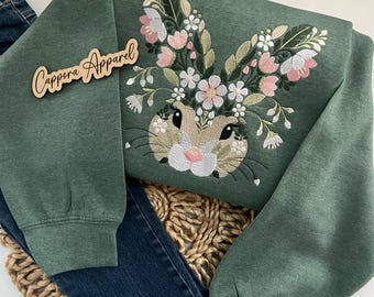 Bunny Embroidered Crewneck – Floral Bunny Graphic on Gildan Sweatshirt, Cute Cottagecore Aesthetic Gift for Her
