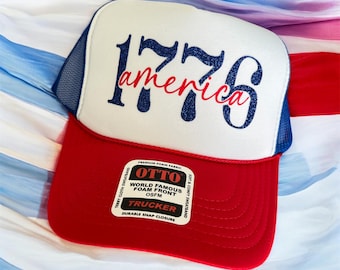 1776 America Snapback Hat – Patriotic Otto Foam Trucker Hat – USA Independence Day Cap – Vinyl Patriotic Hat – 4th of July Snapback Hat