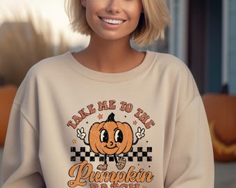 Take Me to the Pumpkin Patch Sweatshirt – Retro Fall Gildan Crewneck, Cozy Autumn Pumpkin Graphic Pullover for Women