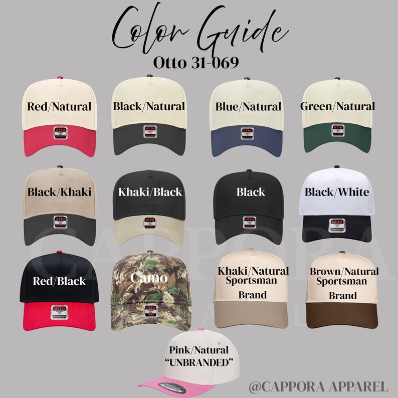 Puede incluir: Una gu&iacute;a de colores con gorras de b&eacute;isbol en varias combinaciones de colores. Las gorras incluyen opciones como rojo/natural, negro/natural, camuflaje y rosa/natural. El texto "Color Guide" y "Otto 31-069" est&aacute;n en la parte superior.