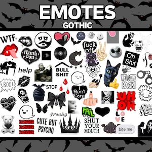 May include: A collection of gothic-themed digital emotes with various designs, including a black cat, a ghost, a heart with a skull, and text like "WTF" and "Oh Shit". The background features bats.