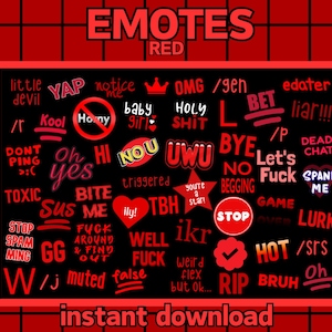May include: A black and red digital illustration of various internet slang terms and phrases, including "OMG", "UWU", "SUS", "GG", "RIP", "HOT", "SPANK ME", "L", "BET", "NO", "FUCK", "DEAD CHAT", "liar!!!", "triggered", "you're a star", "ily!" and "instant download".