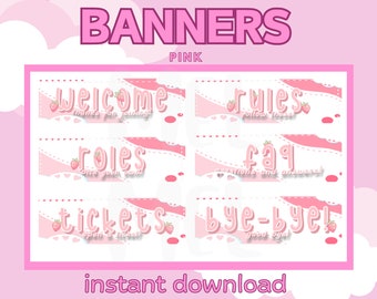 Banners de servidor de Discord en tonos pastel rosa: Organizadores de canales kawaii (descarga digital PNG)