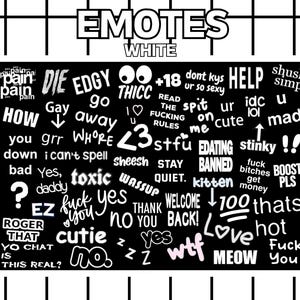 50 White Text Emotes: Kawaii Twitch, Discord Emoji Set (PNG Digital Download)