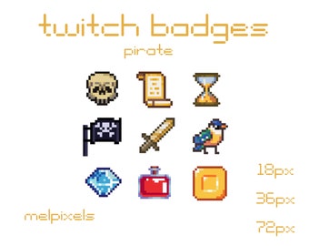 Insignias de suscripción de Twitch de Piratas Pixel Art: Calavera, Espada y Loro (Descarga digital)