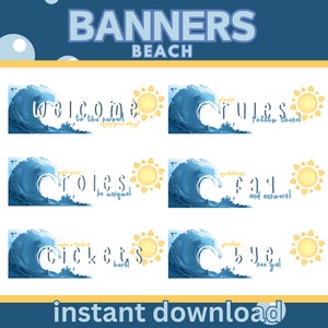 May include: Six printable banners with a beach theme. Each banner features a blue wave with a sun and text. The text on the banners reads: "Welcome to the server! Enjoy your stay!", "Pick your roles, be original", "Greetings,  fair and answers!", "Open a ticket, tickets hard", "Goodbye, see ya!" and "Please, follow these rules".