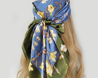 Pañuelo floral de seda - Pañuelo para cabello/cabeza/cuello (90x90)