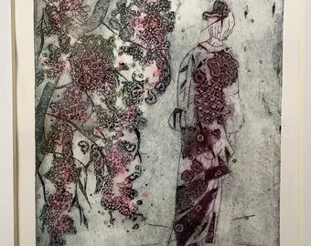 Hand pulled collograph print inspired by Japan