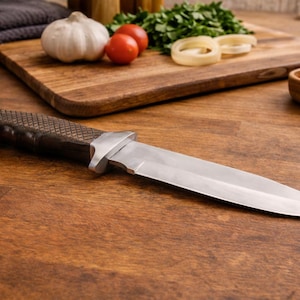 May include: A stainless steel knife with a dark brown textured handle rests on a wooden surface. The knife is sharp and pointed, with a wide blade. Ingredients for cooking are in the background.