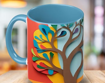 Taza de café con diseño de árbol de papel colorido: regalo para amantes de la naturaleza, artículos artísticos, taza ecológica, decoración acogedora para el hogar, regalo único