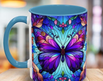 Stained Glass art Style Butterfly Accent Coffee Mug - Vibrant Art Mug, Colorful Drinkware, Gift for Her, Home Decor, Butterfly Lover Mug