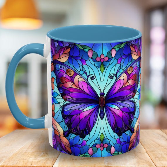 Stained Glass art Style Butterfly Accent Coffee Mug - Vibrant Art Mug, Colorful Drinkware, Gift for Her, Home Decor, Butterfly Lover Mug