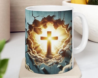 Religious Ceramic Mug, 3D Broken Wall Cross, Faith Coffee Cup, Christian Tea Mug, Spiritual Gift, Inspirational Drinkware,