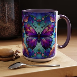 Taza de café con diseño de vitral con detalles de mariposas: taza artística vibrante, artículos para beber coloridos, regalo para ella, decoración del hogar, taza para amantes de las mariposas imagen 10