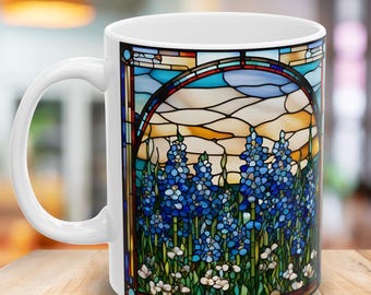 Stained Glass Bluebonnet Mug | Cozy Ceramic Cup for Tea & Coffee Lovers | Perfect Gift for Birthdays, Mother's Day, or Housewarmings