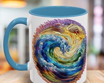 Levendige Ocean Wave gebrandschilderd glas koffiemok, kleurrijke kunstmok voor koffieliefhebbers, cadeau voor kunstenaars, unieke theekop, grillige drinkware
