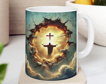 3D Broken Wall, Religious Coffee Mug, Christianity Gift, Religious Ceramic Mug, Cross Hole Mug, Religious Drinkware