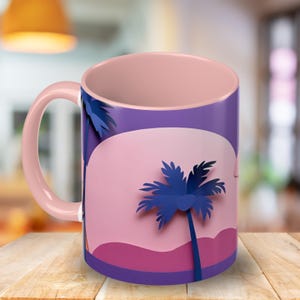 Tropical Sunset Paper Art Coffee Mug, Beach Lover Gift, Unique Travel Mug, Summer Home Decor, Palm Tree Accent Cup, Beach Trip Memory Mug
