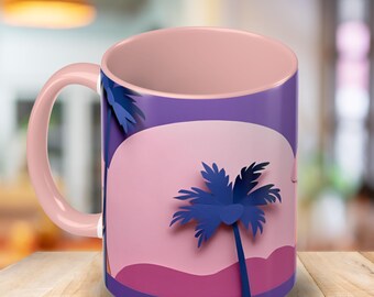 Tropical Sunset Paper Art Coffee Mug, Beach Lover Gift, Unique Travel Mug, Summer Home Decor, Palm Tree Accent Cup, Beach Trip Memory Mug