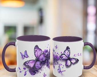 Tazza da caffè con dettagli viola, motivo a farfalla e fiore, tazza in ceramica floreale, regalo per lei, decorazione da cucina, tazza da tè, stoviglie uniche